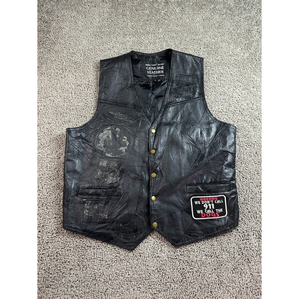 Italian Stone Design Genuine Leather Vest Mens L Black Navarre Company READ